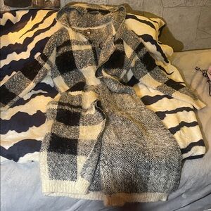 Cherish Cozy Black and Cream Plaid Cardigan with hoodie